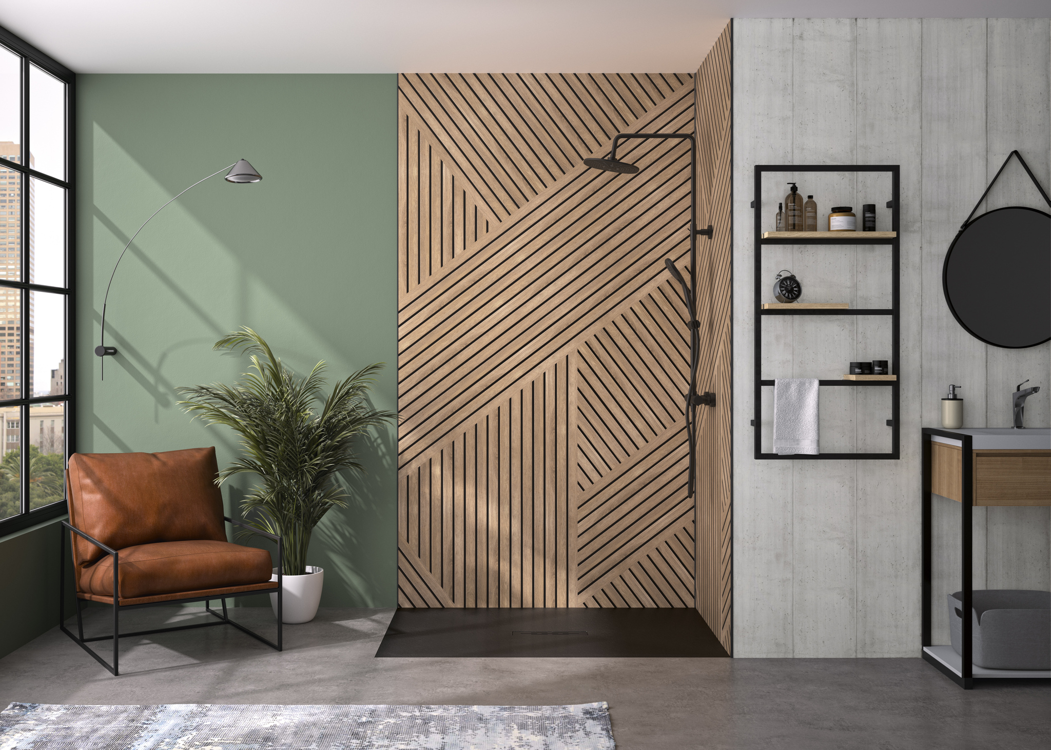 ne avec panneaux effet bois Salle de bains moderne avec douche à l’italienne et revêtement mural effet bois