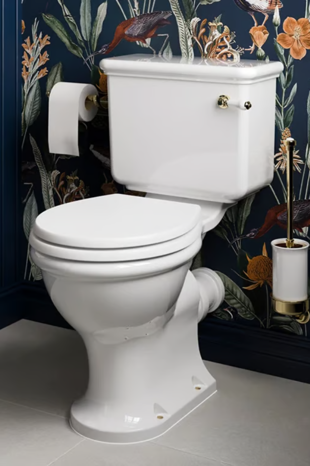 WC rétro à poser blanc avec réservoir de chasse apparent, abattant fermé et détails dorés, devant un papier peint floral bleu foncé.