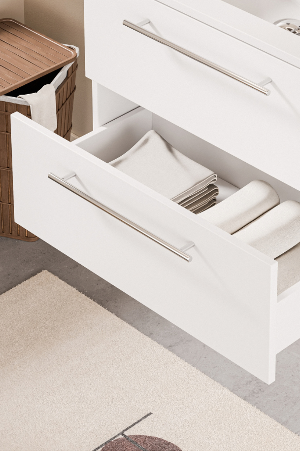 Meuble suspendu Neptune 70 blanc avec tiroir de rangement ouvert