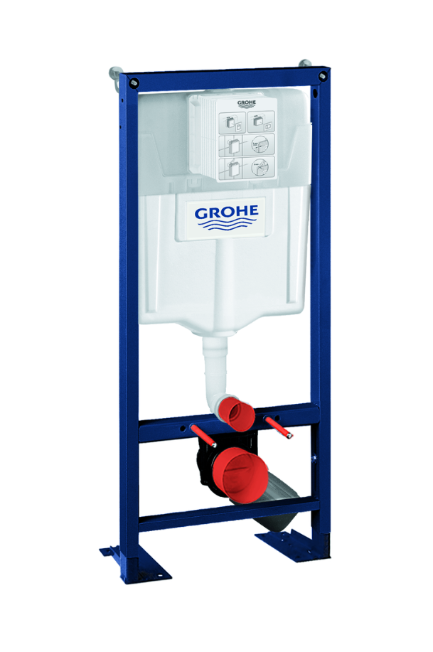 Bâti-support GROHE pour WC suspendu avec réservoir de chasse encastré blanc, structure métallique bleue et raccordements d'évacuation avec protections rouges.