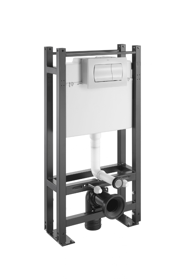 Bâti-support pour WC suspendu avec structure métallique gris anthracite, réservoir de chasse encastré blanc, plaque de commande double chasse et raccordements d'évacuation.