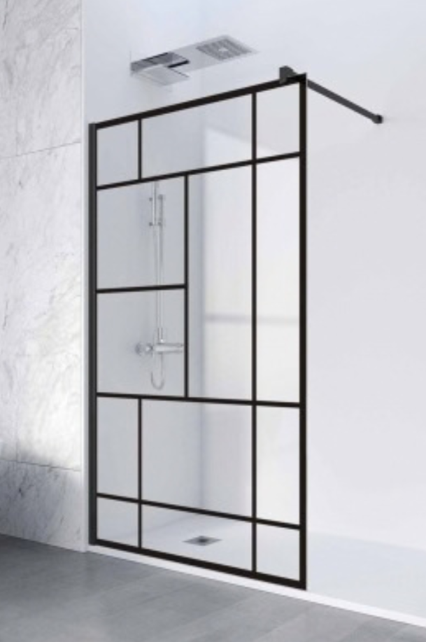 Paroi de douche noire style verrière d’atelier avec profilés géométriques et verre transparent, installée dans une douche à l’italienne moderne.