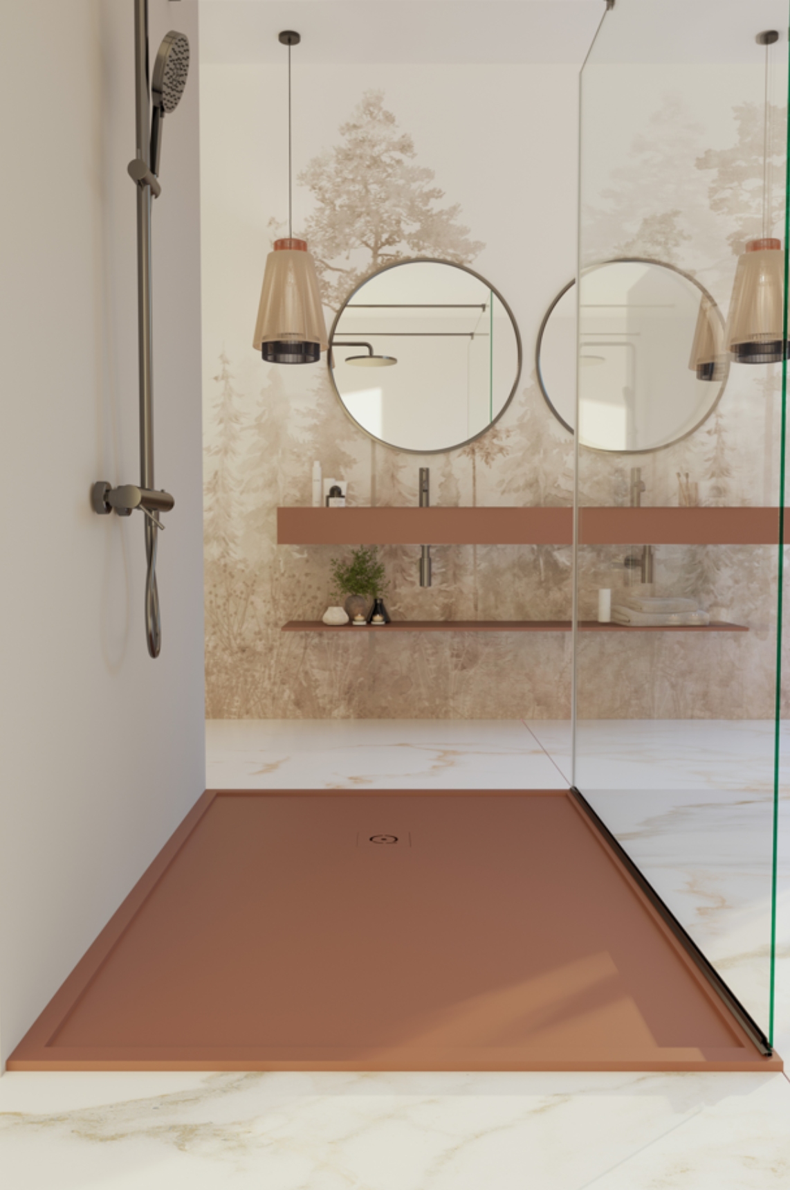 Douche à l’italienne moderne avec receveur extra-plat terracotta, paroi en verre transparent et colonne de douche chromée, dans une salle de bains aux tons naturels.